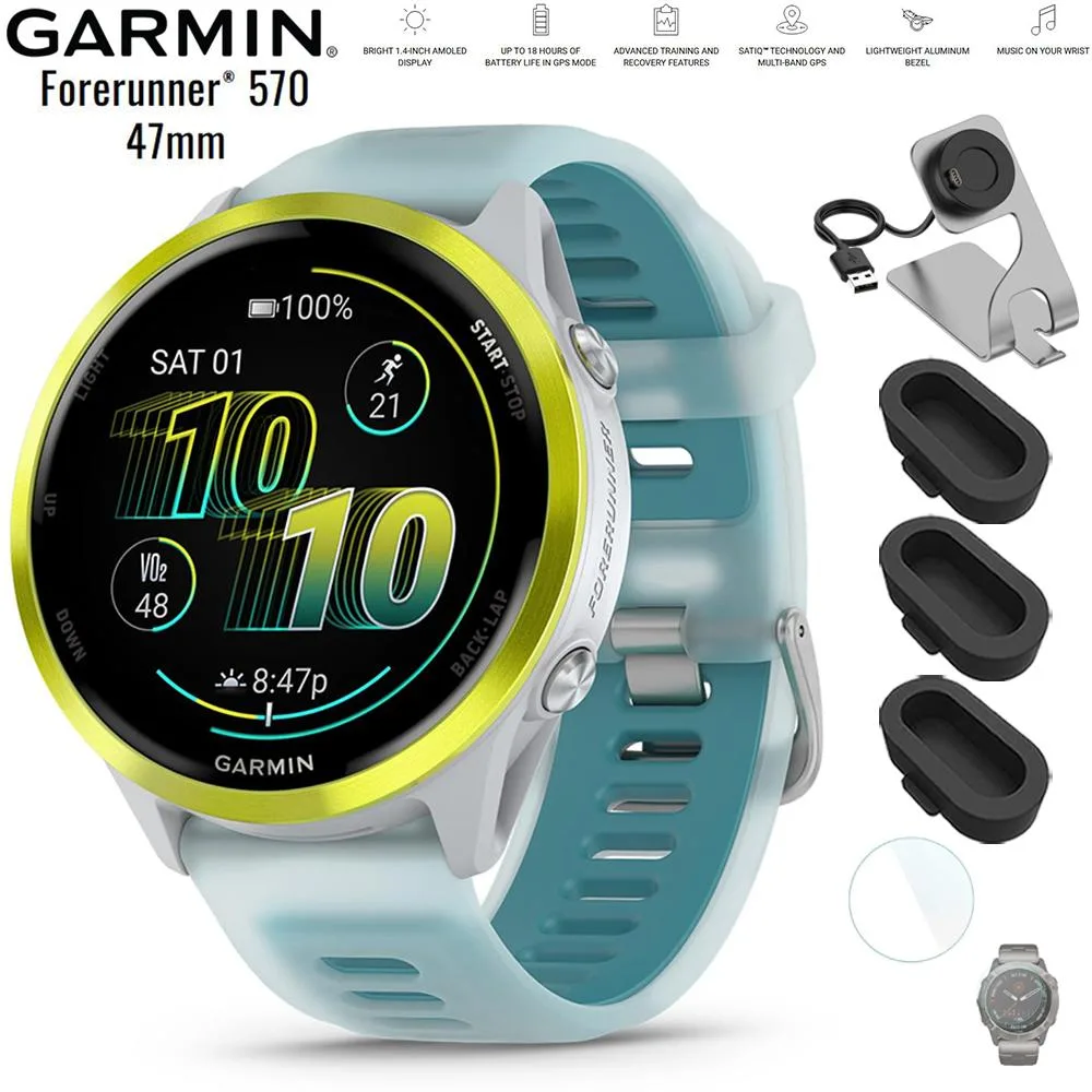 Garmin Forerunner 570 - 47mm GPS 스마트워치 터콰이즈 밴드, 충전 번들