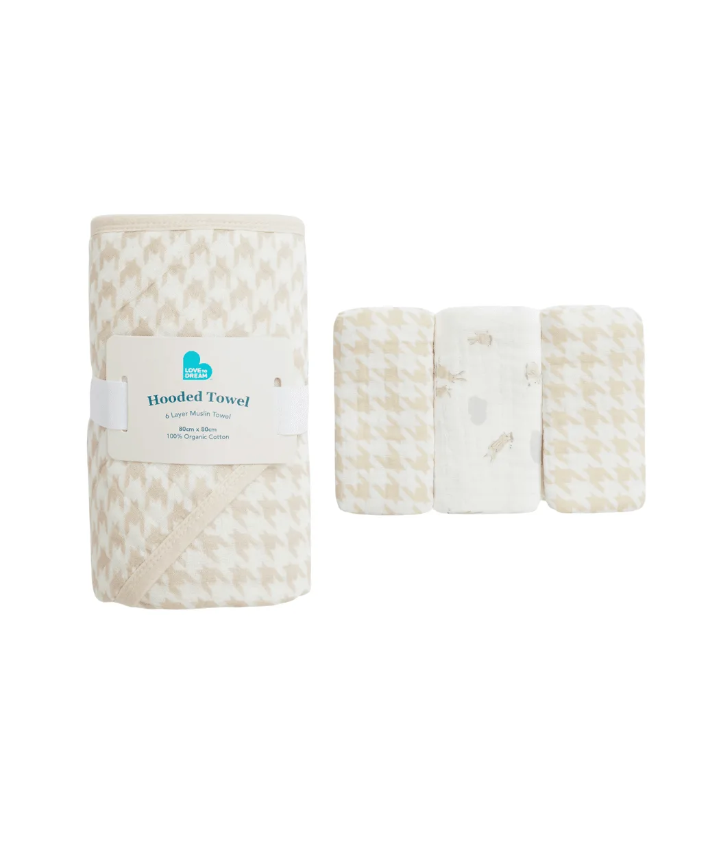 Baby Bath Bundle | Hooded Towel, Wash Cloth | Houndstooth