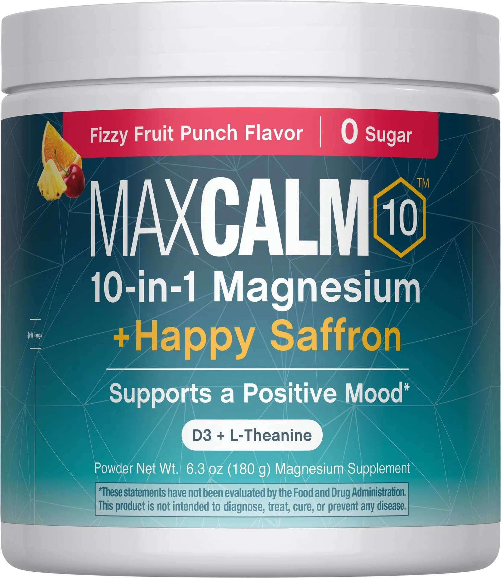 MAXCALM 10-in-1 Magnesium + Happy Saffron Fizzy Fruit Punch, 6.3 oz (180 g) Powder