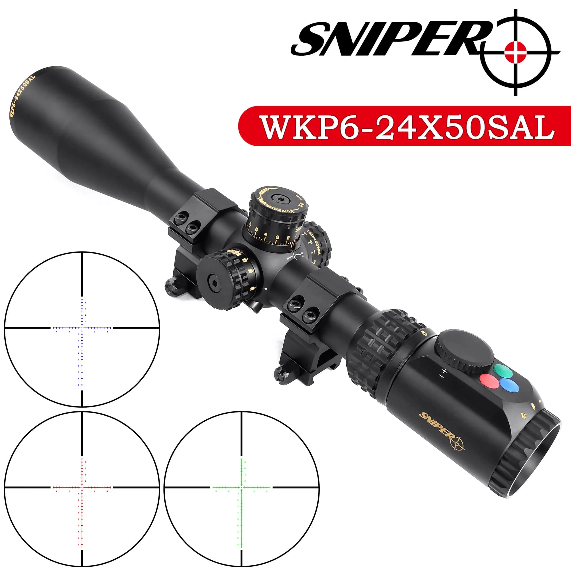 Visor de caza SNIPER WKP 6-24X50 SAL con ajuste lateral de paralaje, retícula grabada en vidrio iluminada en rojo y verde, y nivel de burbuja