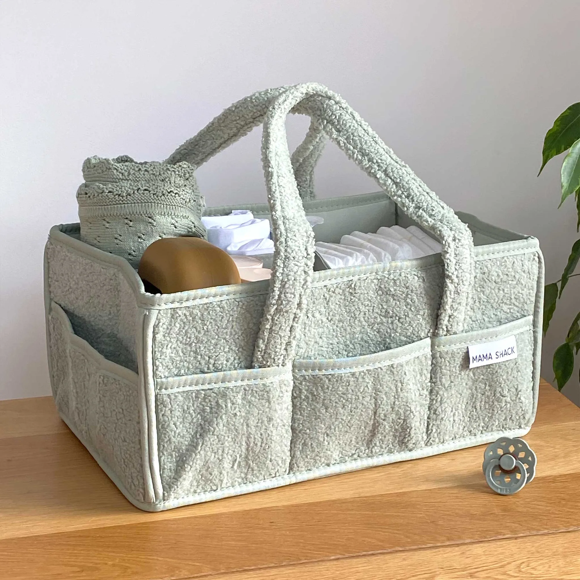 Nappy Caddy with Pockets - Teddy Fleece - Sage