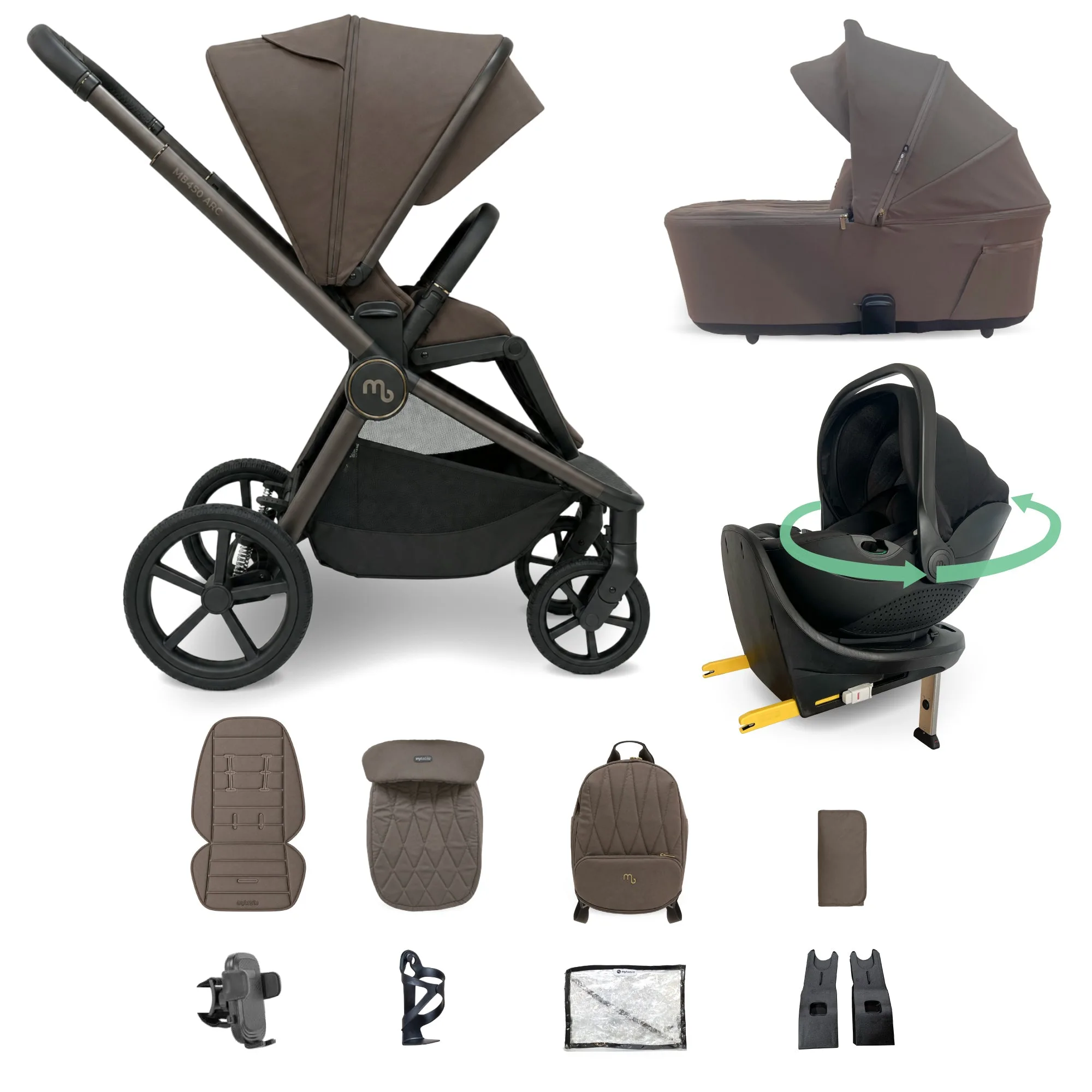 MB450 ARC 3-in-1 Travel System + Rotating Car Seat + Base - Mocha Atelier