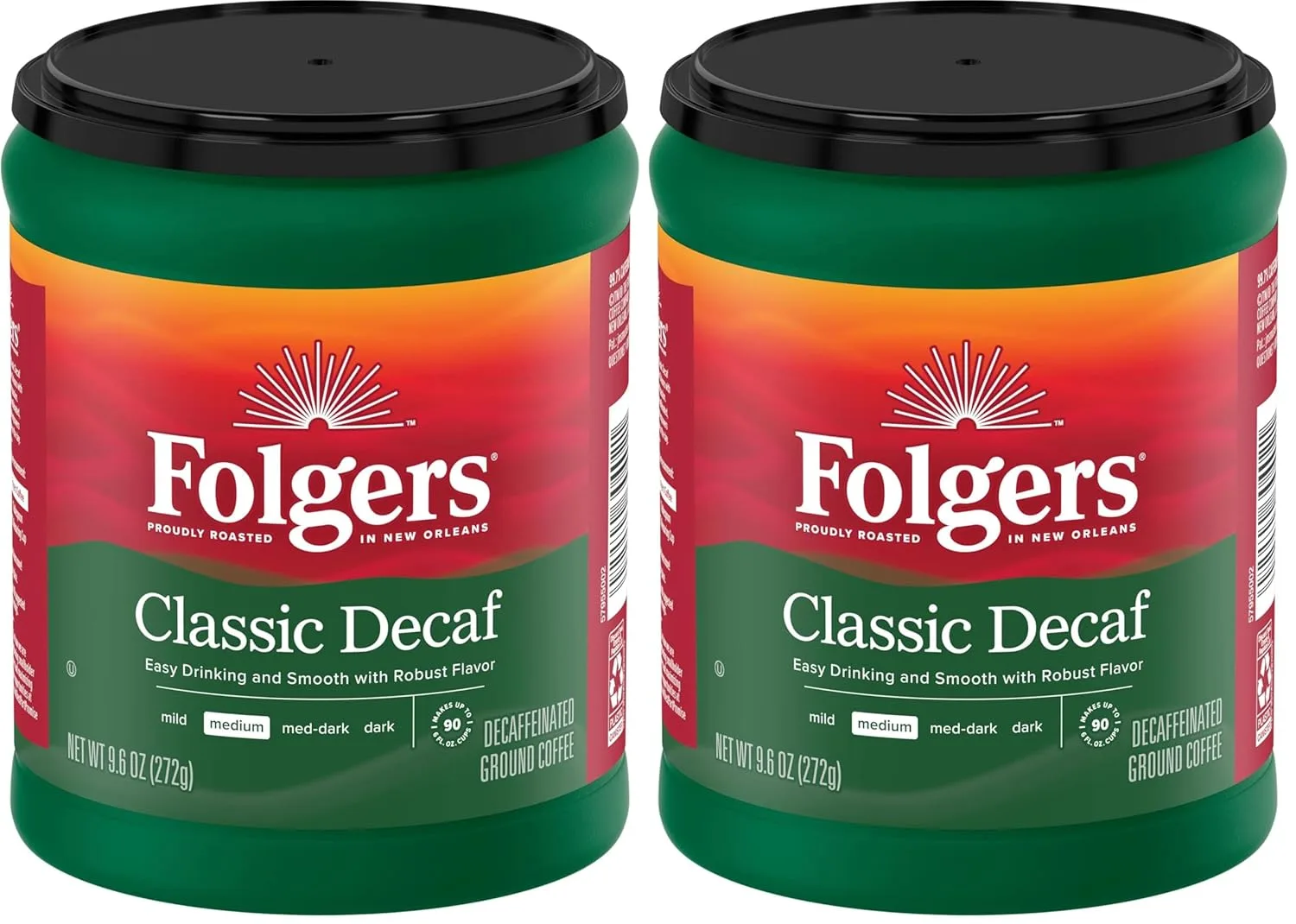 Folgers Decaf Coffee, Ground Coffee, Classic Medium Roast, 9.6 Ounce Canister (Pack of 2)