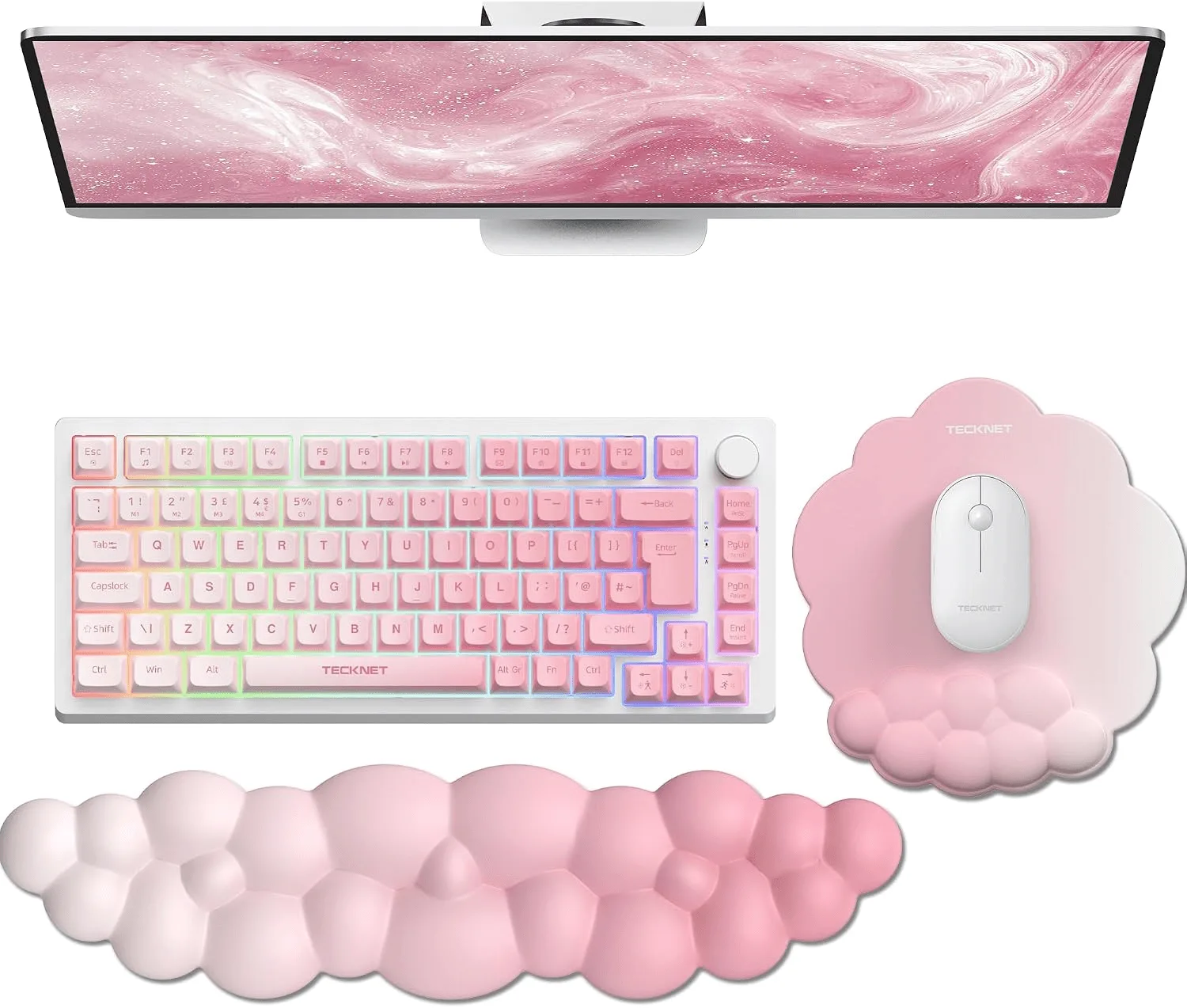 TECKNET BASICS Cloud Ergonomic Mouse Pad with Wrist Rest, Memory Foam Support & Non-Slip Base for Pain Relief, Office & Gaming, Pink