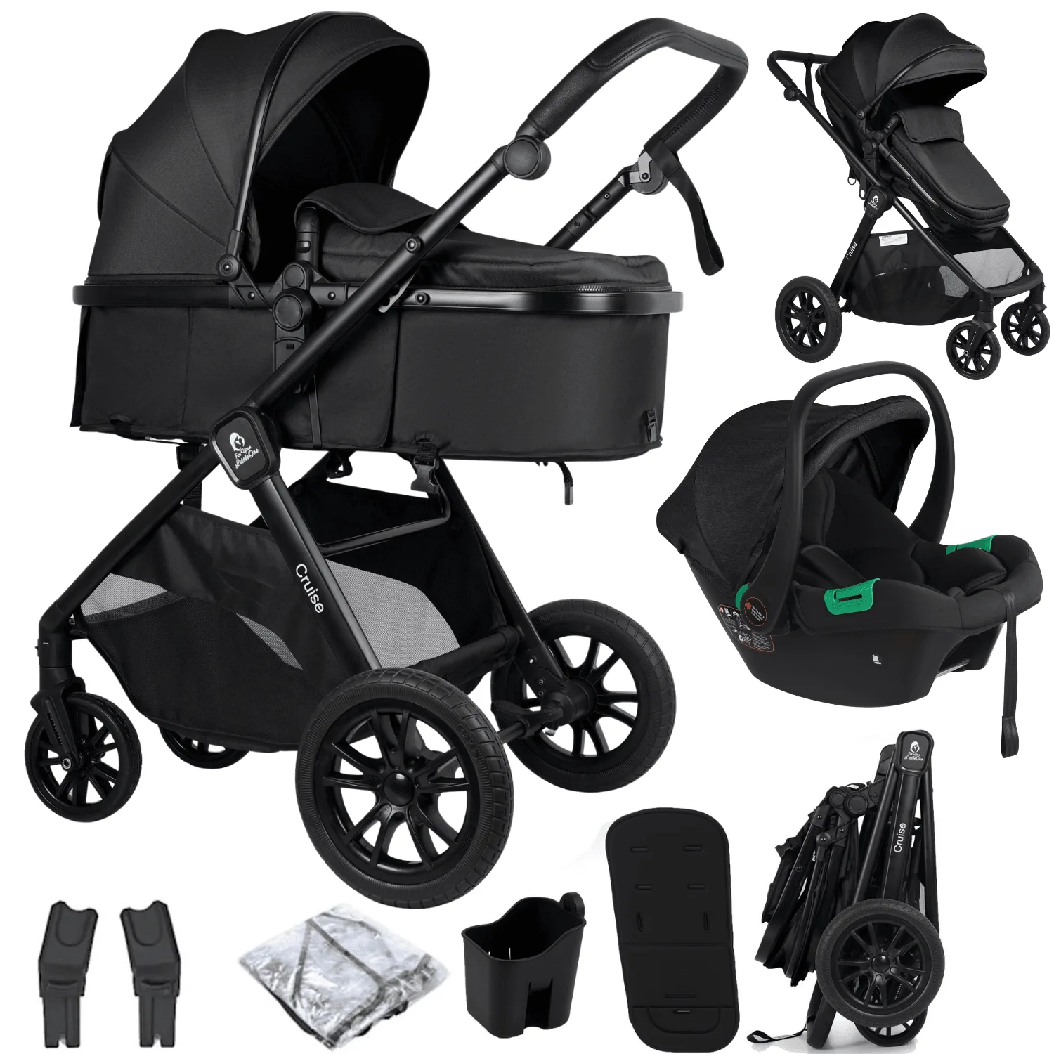 Sistema de viaje Cruise 3 en 1 con silla de coche de For Your Little One - Eclipse Black (¡Portavasos / Funda de asiento incluidos!)