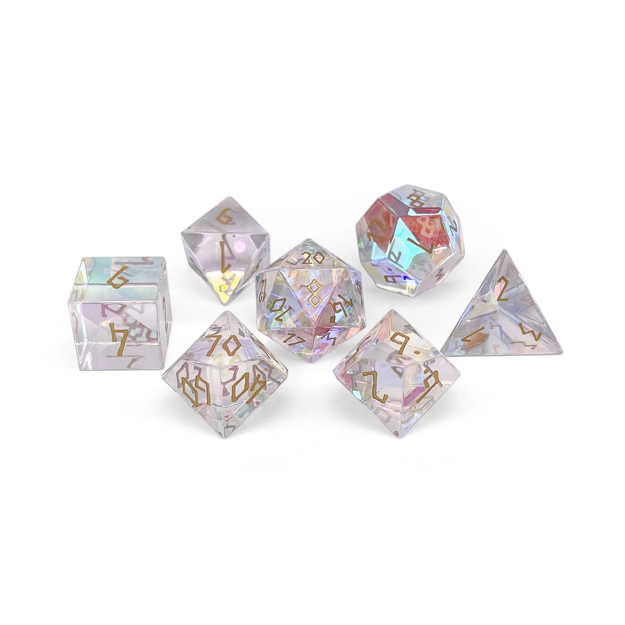 K9 Rainbow Glass - Gold Font - 7 Piece RPG Set Glass Dice