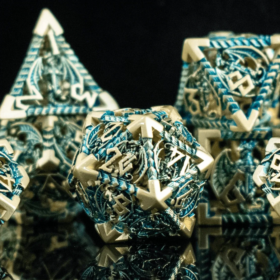 Pre-Order|| Dragonguard Hollow Metal Dice Set - Azure and Gold