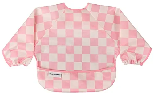 Tiny Twinkle Mess Proof Baby Bib, Cute Full Sleeve Bib Outfit, Waterproof Bibs for Toddlers, Machine Washable (Checkers Pink, Small 6-24 Months)