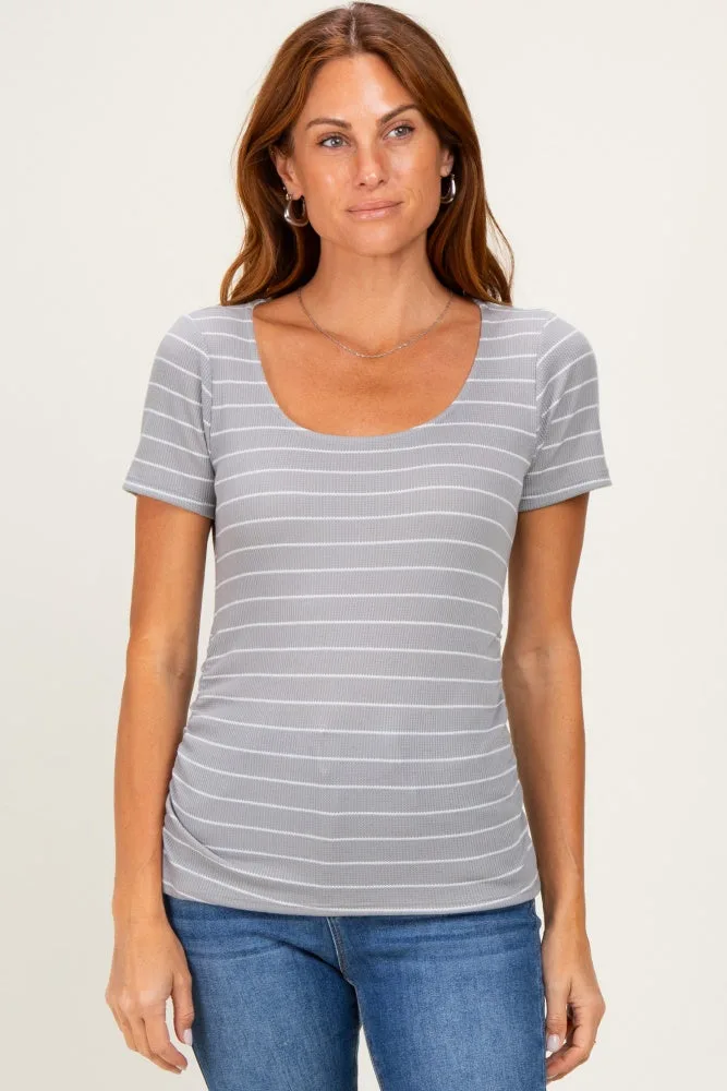 Grey Stripe Ruching Short Sleeve Top