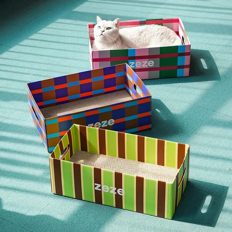 ZEZE Checkered Cat Scratcher – Cardboard Hideaway & Lounger
