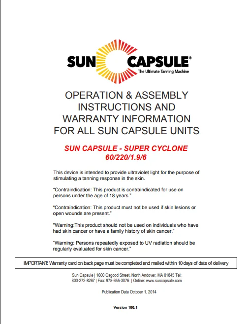 Sun Capsule Super Cyclone Tanning Booth Manual