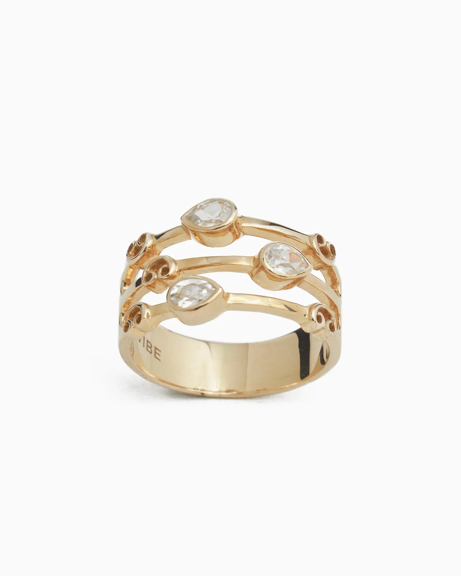 14K Gold Triple Band Ring with Stones - White Zircon