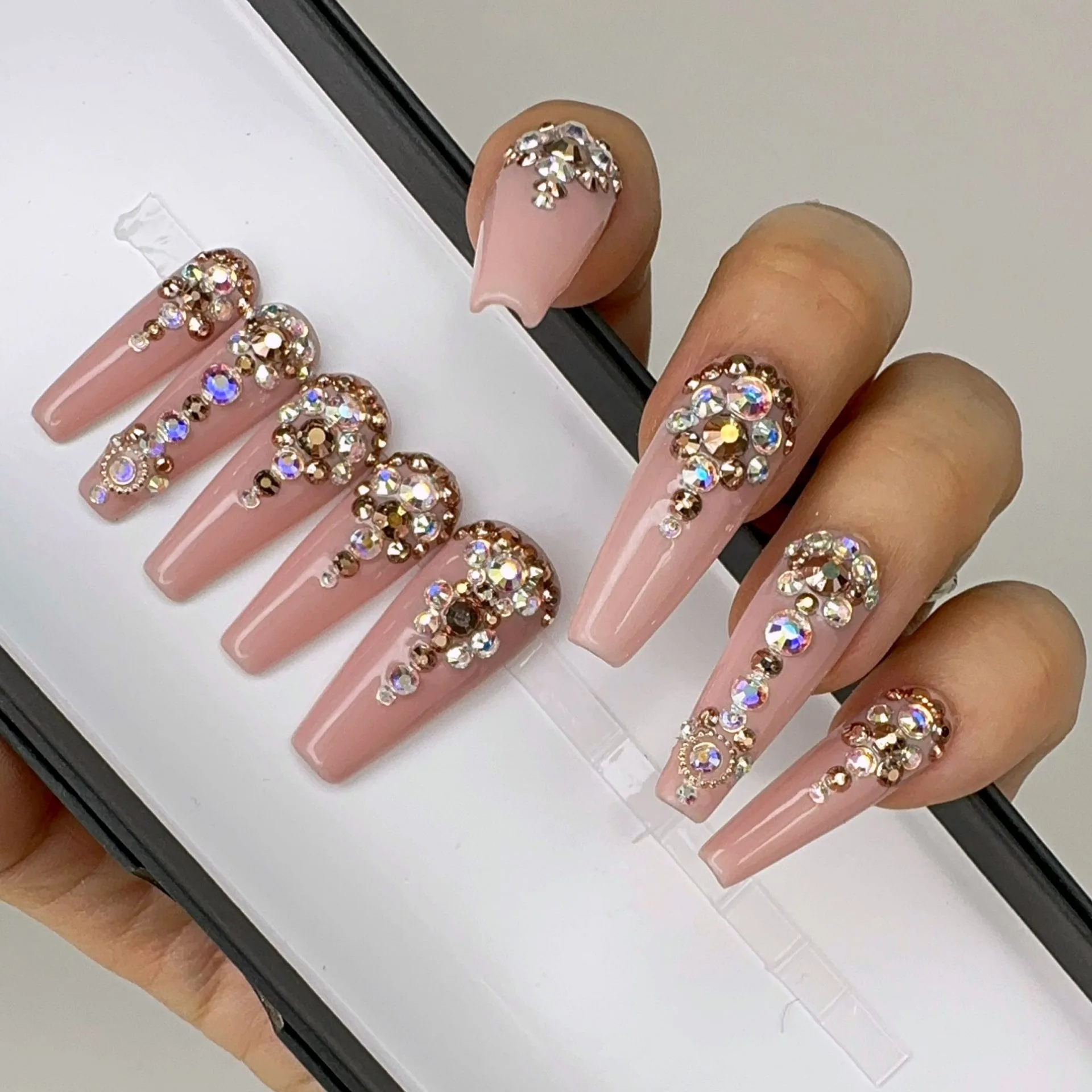 Handmade- Crystal Carat Crush Bling Press On Nail Set.