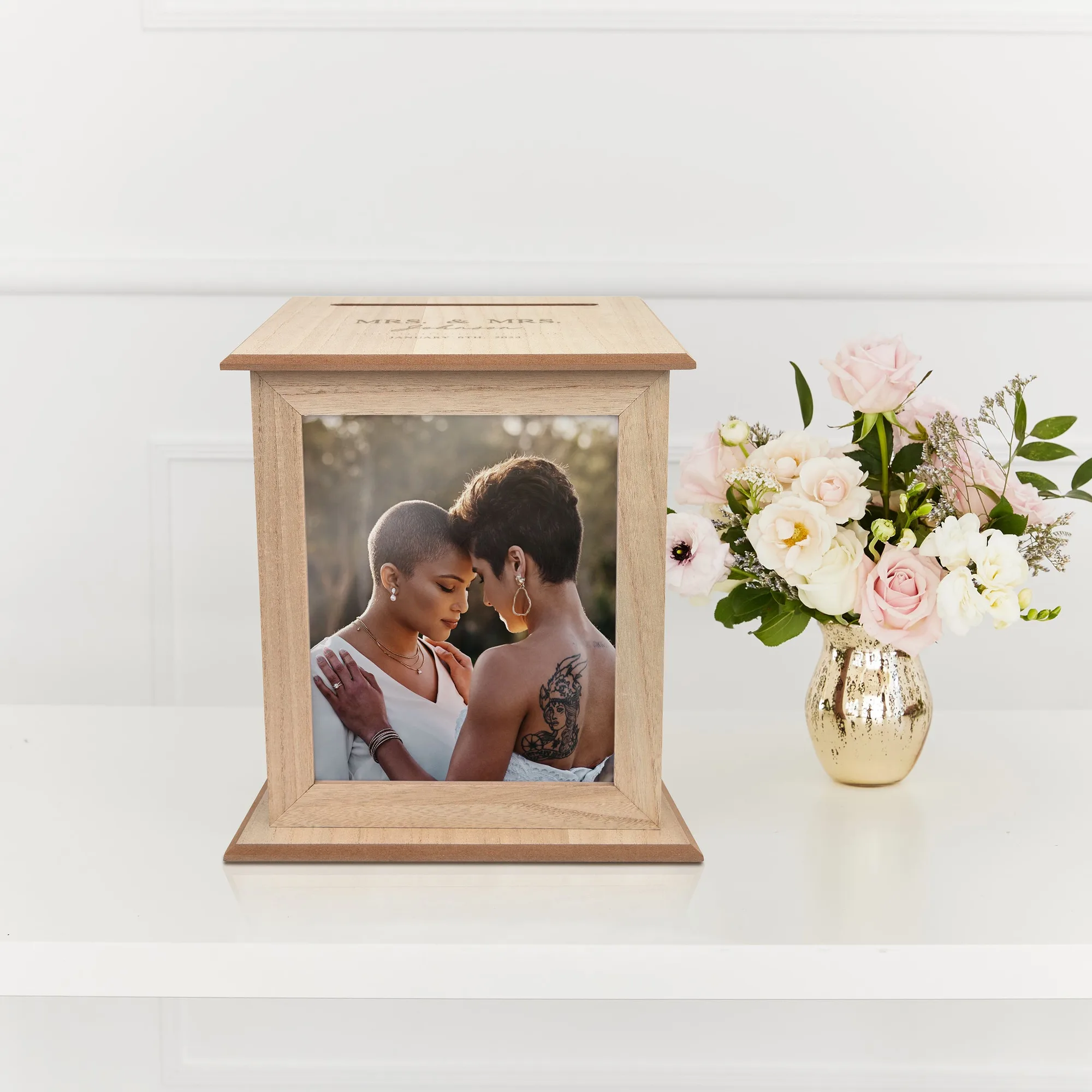 Cadre photo rotatif à 4 faces pour boîte à cartes personnalisé gravé avec téléchargement multi-photos - Jeunes mariés