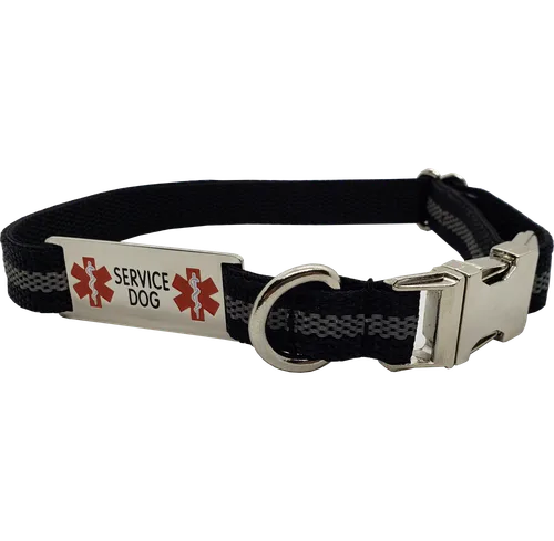 Collar reflectante para perro de servicio con placa de identificación cromada