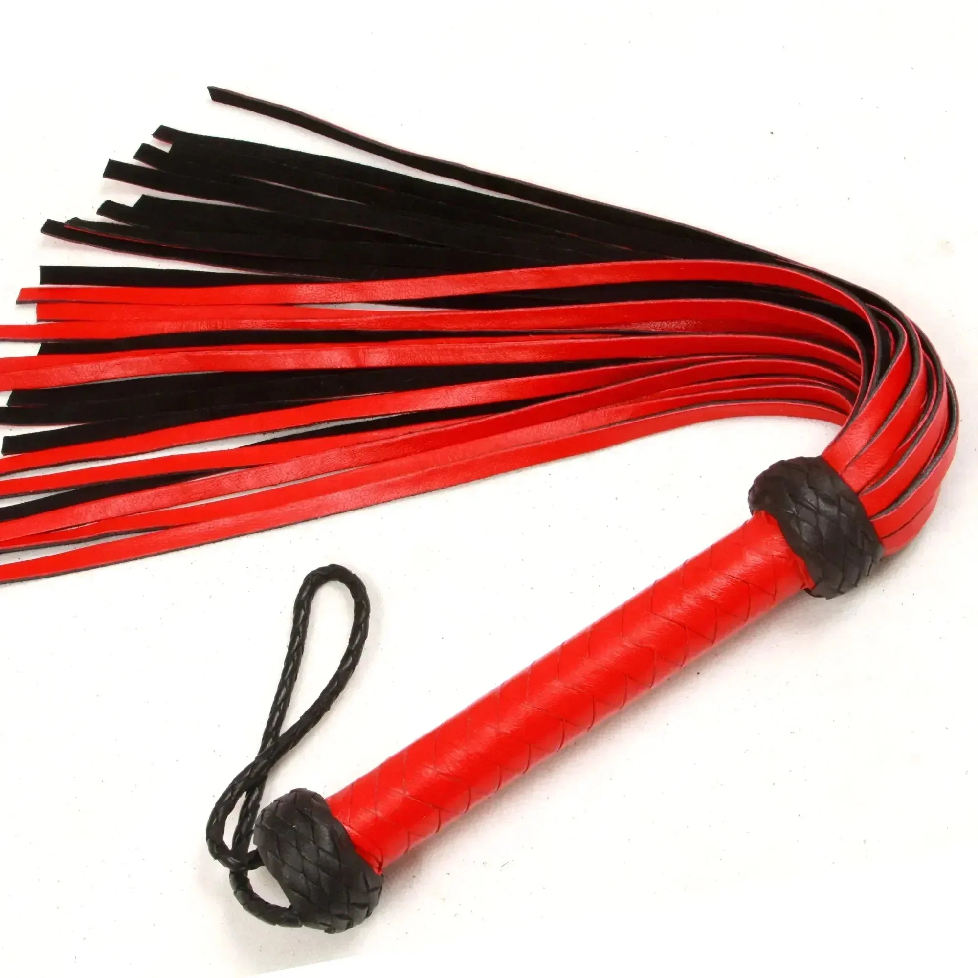 Flogger en cuir de vachette véritable 25 lanières rouge et noir fouet renforcé | Flogger d'impact BDSM fait main