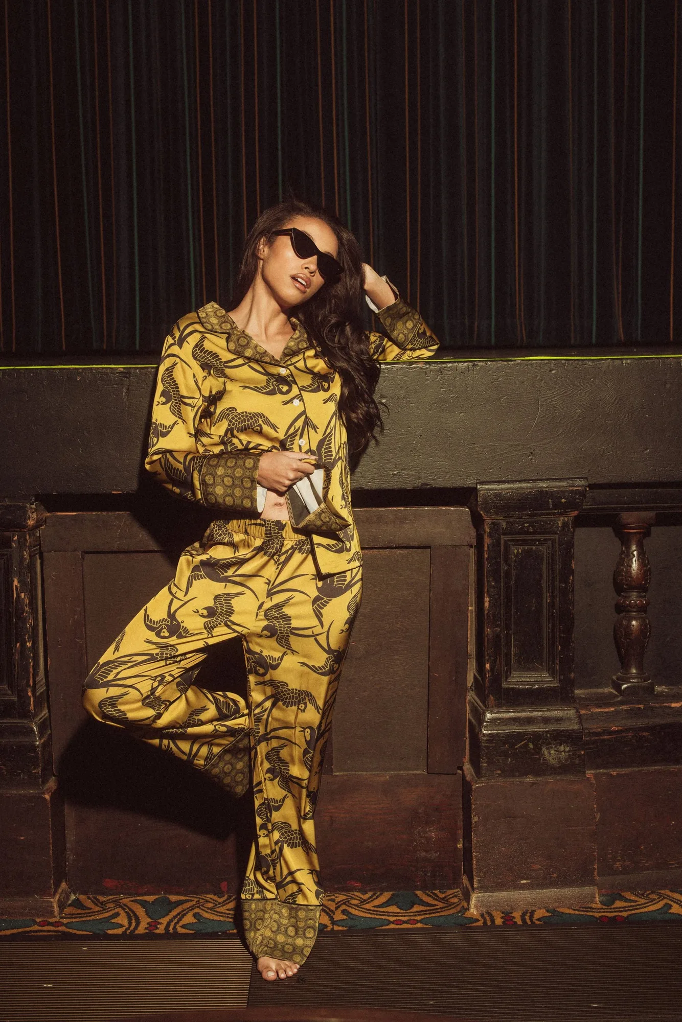 KILO BRAVA SATIN COLLECTION- ANTIQUE SWALLOWS- LONG PJ SET
