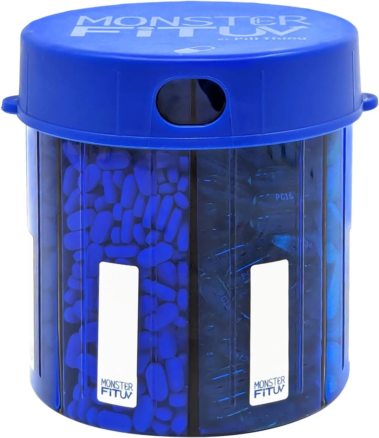 Monster UV-geschützter blauer Pillenspender mit Fächerbeschriftung (1er oder 2er Pack)