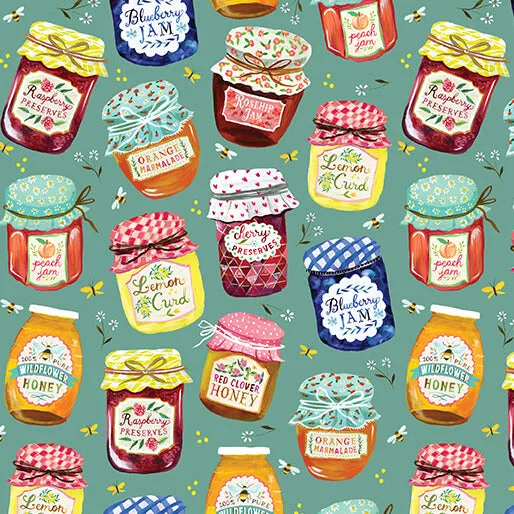 Jam Jars Teal di A Prairie Heart di Katie Daisy per Benartex