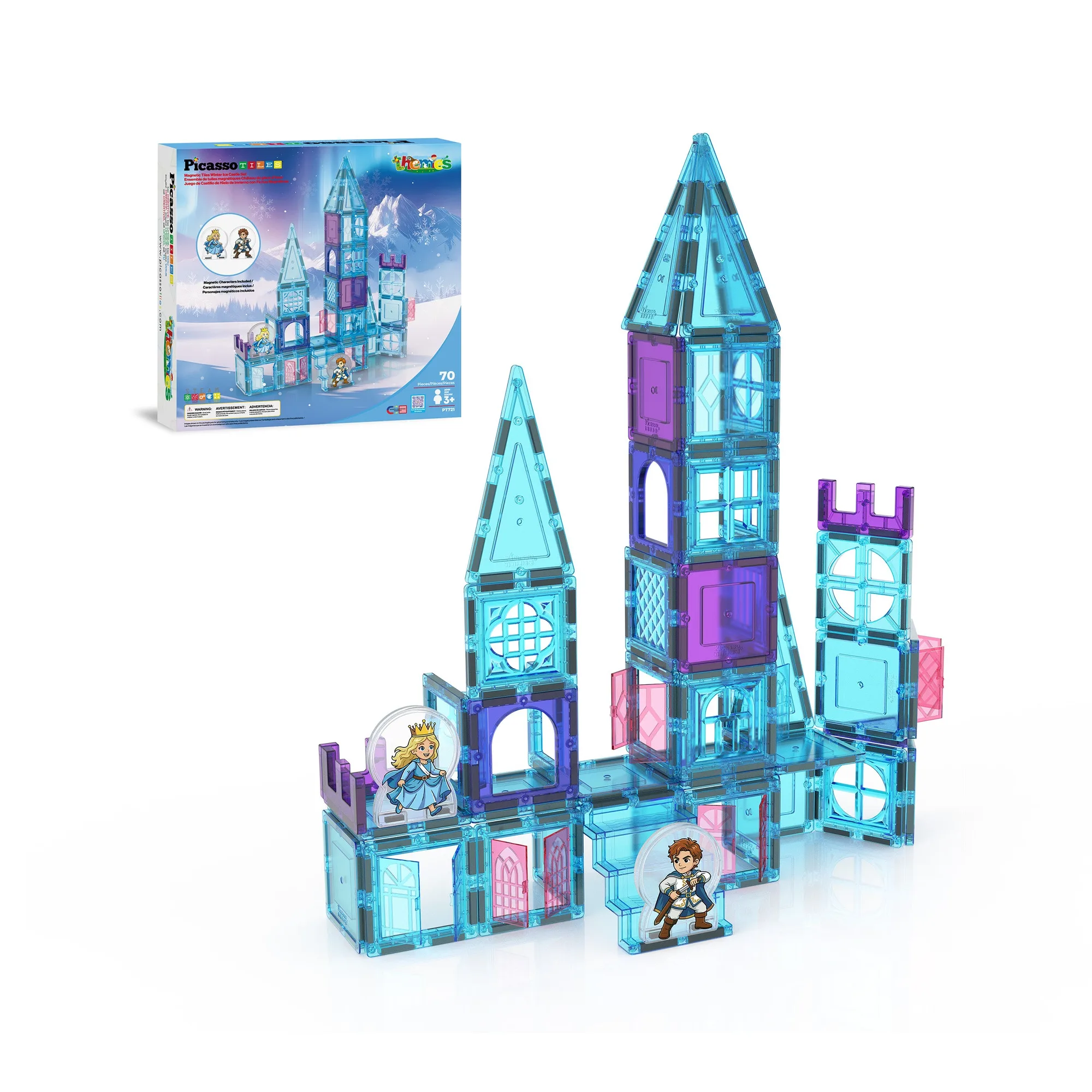 PicassoTiles Magnetic Tiles Winter Ice Castle Set with Characters 70pc
