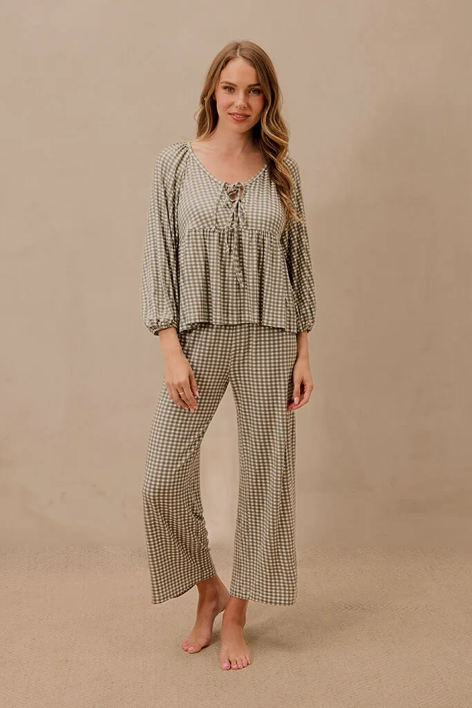 Green Gingham Tie-Top Long-Sleeve Women’s Sleep Set