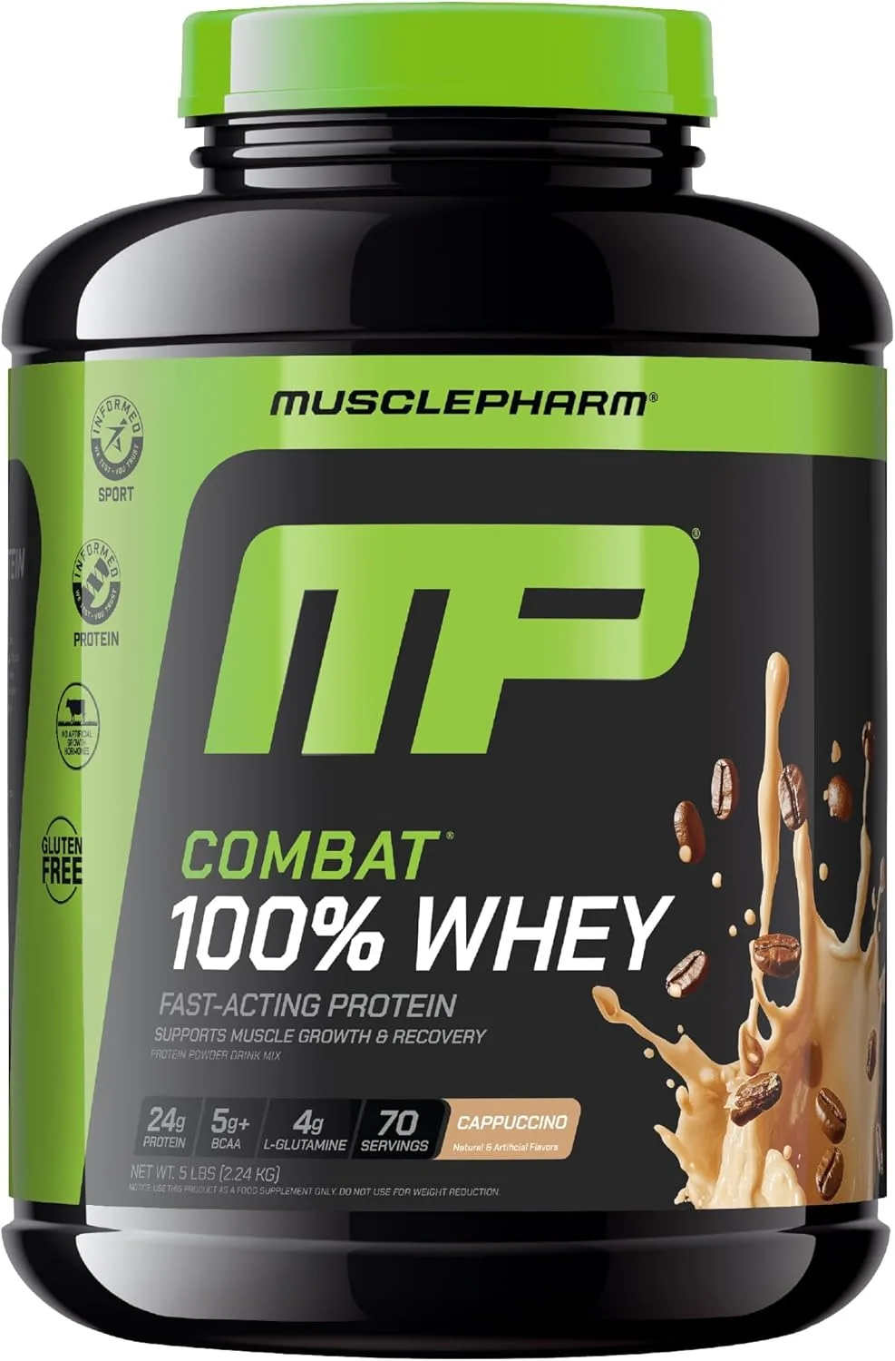 MusclePharm Combat 100% Whey Protein Powder, Cappuccino Flavor, Fast Recovery & Muscle Gain with Whey Protein Isolate, High Protein Powder for Women & Men, Gluten Free, 5 lb, 70 Servings