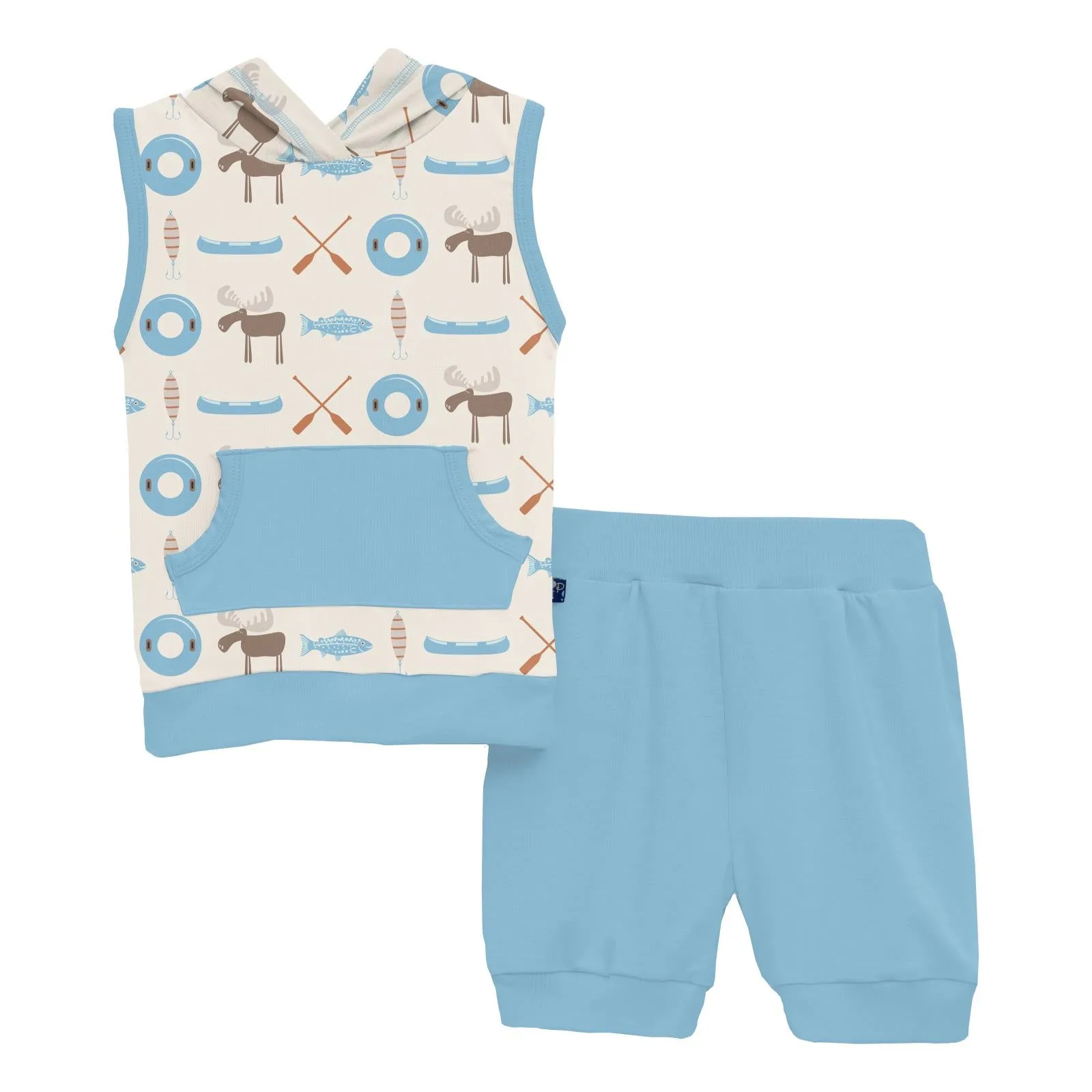Print Short Sleeve Hoodie Tank Outfit Set in Natural Lake Life