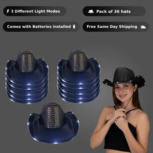 LED-Leuchthut mit blinkenden Pailletten, Schwarz, Cowboy-Hut - 36er-Pack