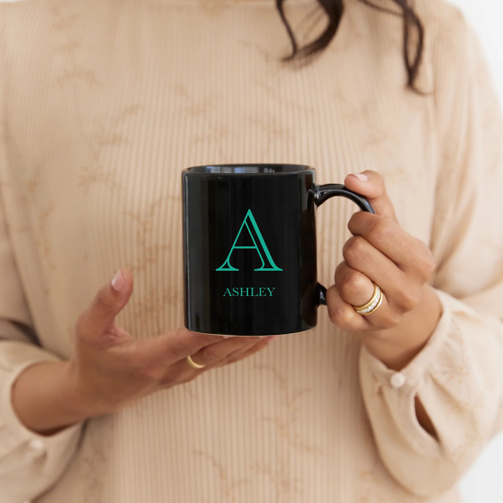 Caneca de café de cerâmica preta personalizada 11 oz - Monograma decorativo