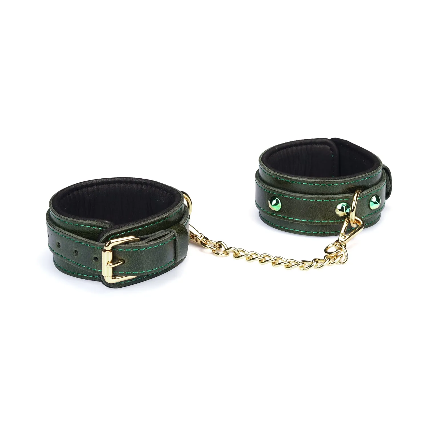Menottes en cuir vert de luxe avec pierres précieuses