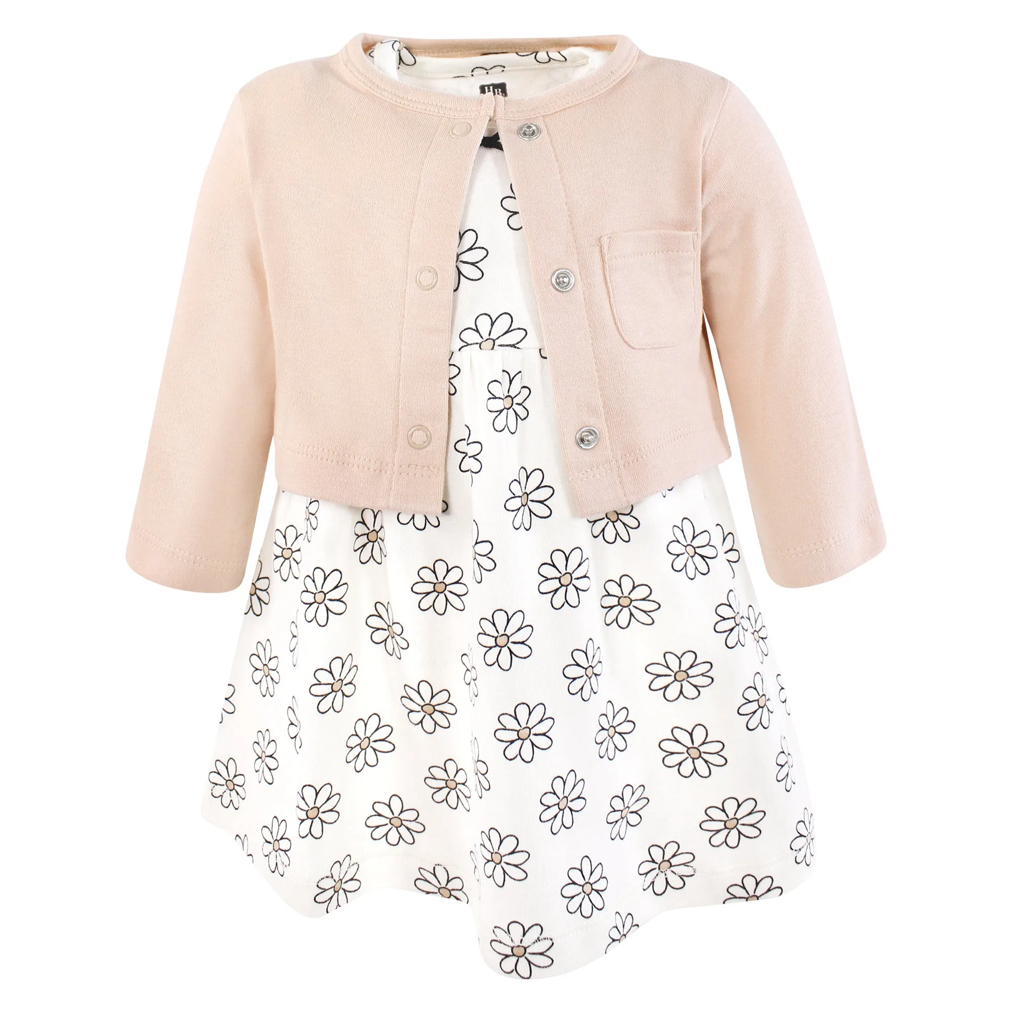 Hudson Baby Cotton Dress and Cardigan Set, Neutral Daisy