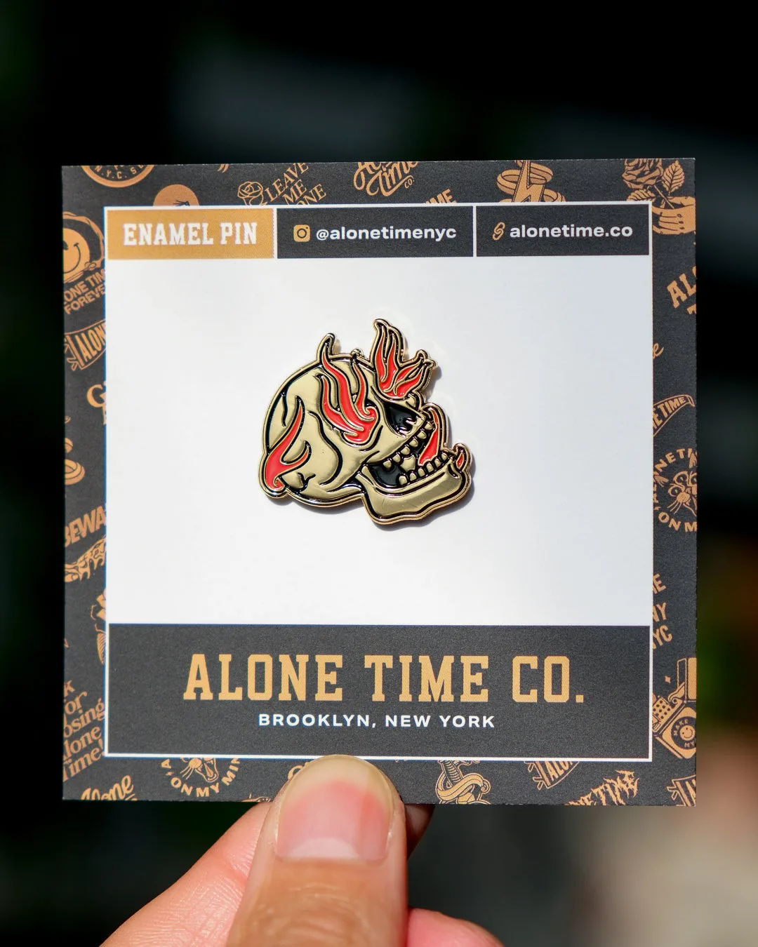 Skull on Fire - Soft Gold Enamel Pin With Backing Card