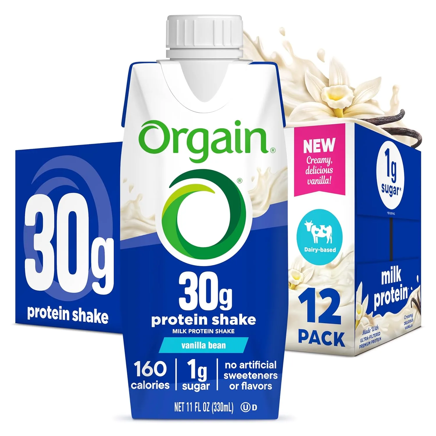 Orgain 30g High Protein Shake, Dairy Isolate Milk Protein, Vanilla Bean, 5g BCAAs, 1g Sugar per Serving, Meal Replacement, Ready to Drink, Keto Friendly, Gluten-Free, 11 Fl Oz, 12 Bottles