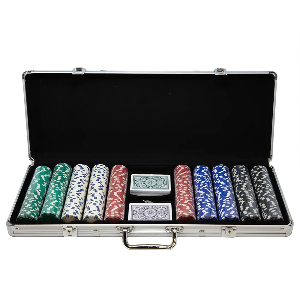 Zestaw żetonów pokerowych Kem: 500 żetonów kościanych 11,5 g, talie Kem Casino zielona/brązowa w aluminiowej walizce