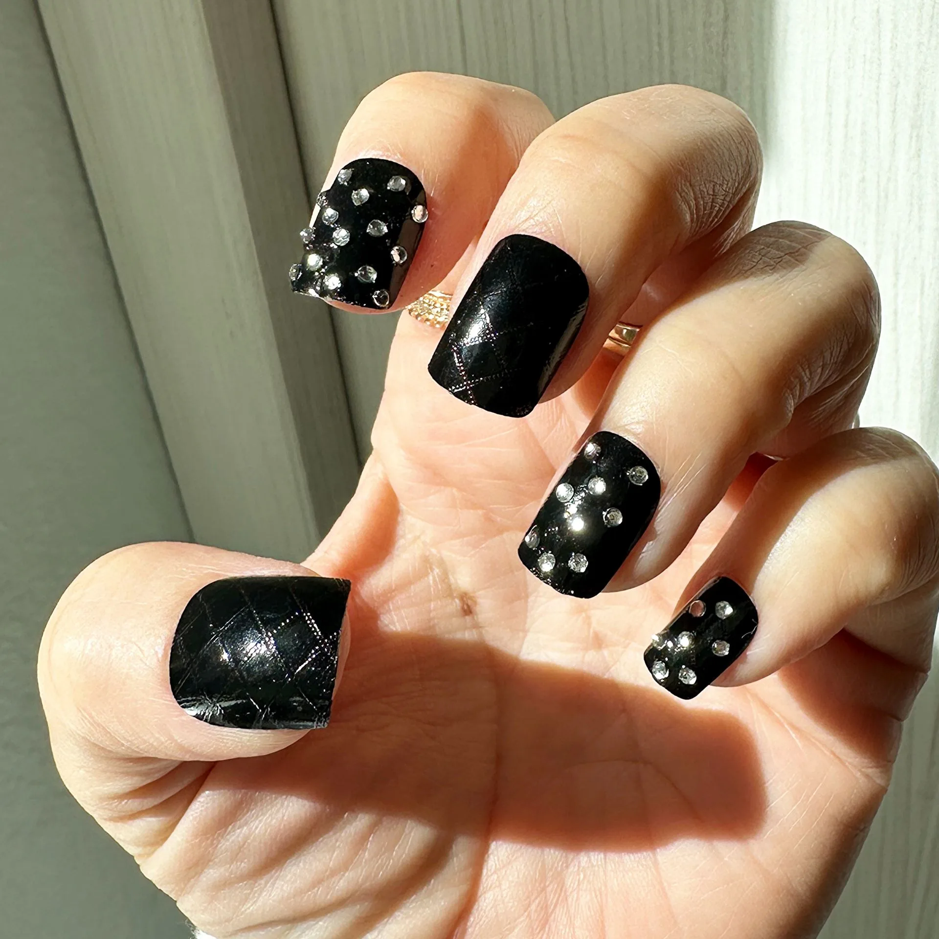Instant Glam- Black Biker- Quilting Leather Details, Short Square Press On Nail Set