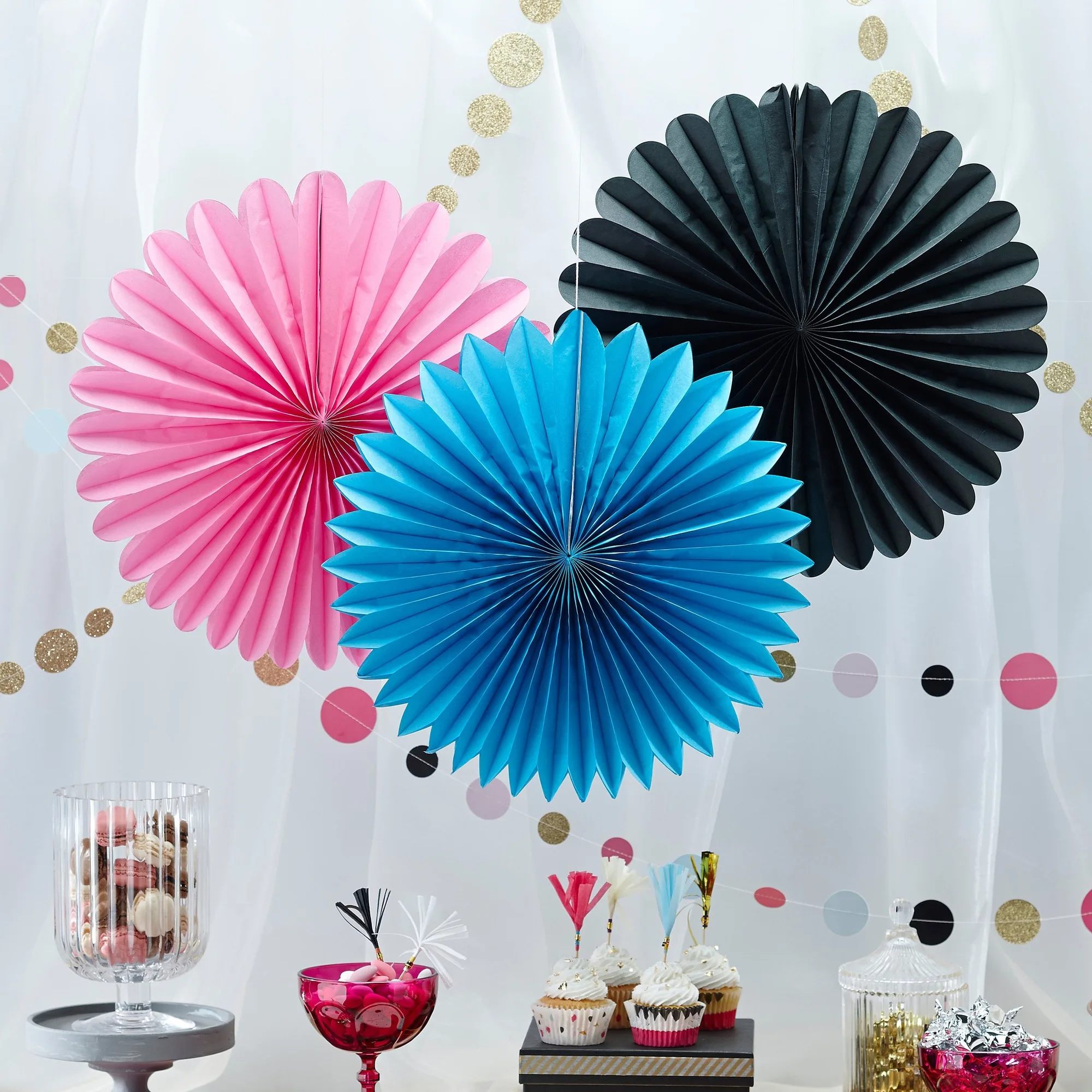 Rosa, schwarze & blaue Wandfächer-Dekorationen – Konfetti-Party – 10er Pack