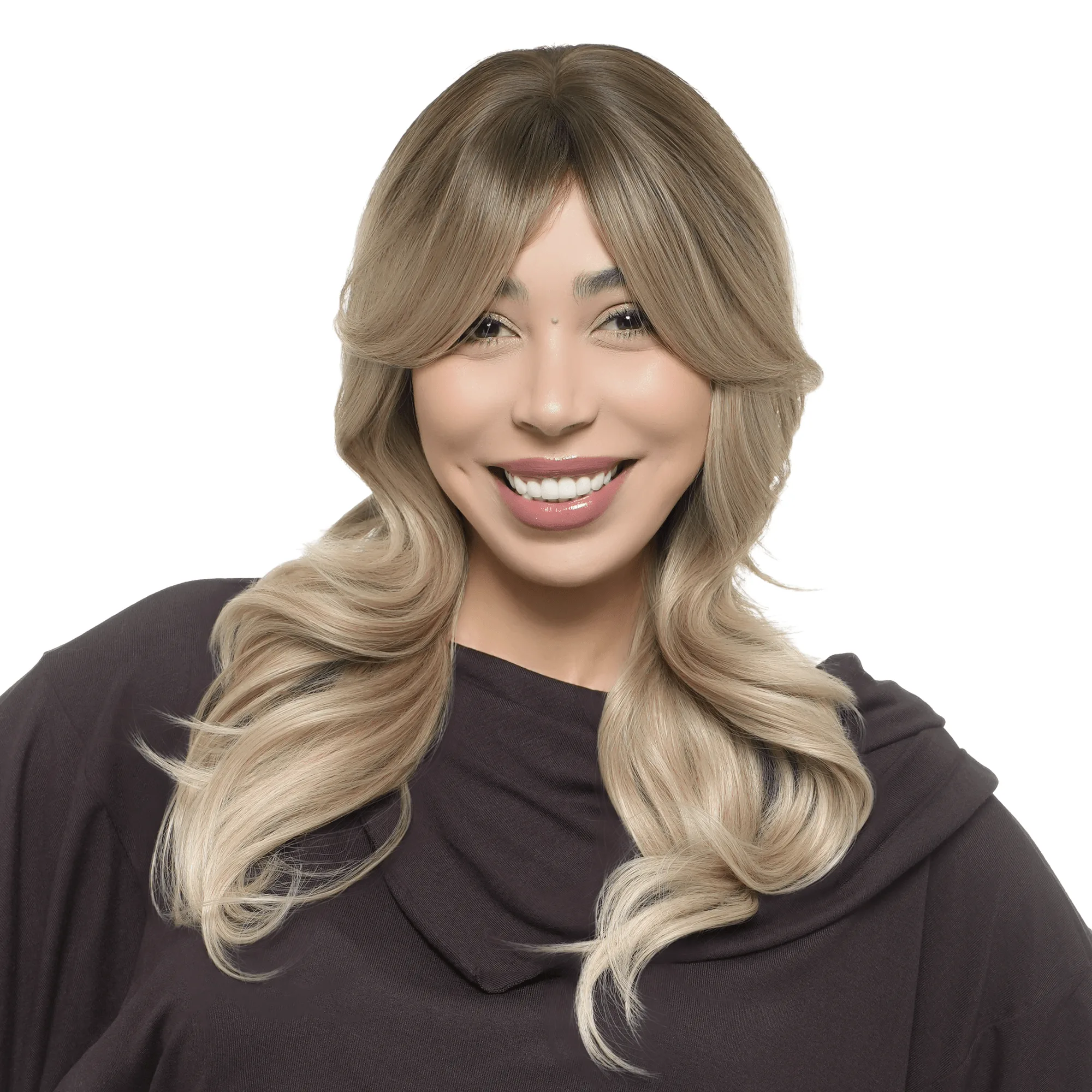 22-Inch Ash Blonde Ombre (Dark Roots, Subtle Red-Brown Tint) Layered Wavy Cut w/ Curling Ends Synthetic Wig