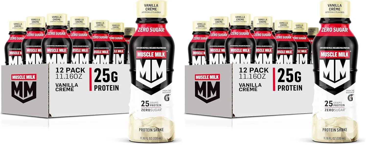 Muscle Milk Genuine Protein Shake,Vanilla Creme, 11.16 Fl Oz Bottle,25g Protein,Zero Sugar,Calcium,VitaminsA,C,D,5g Fiber,Energizing Snack,Workout Recovery,Packaging May Vary,12 Count (Pack of 2)