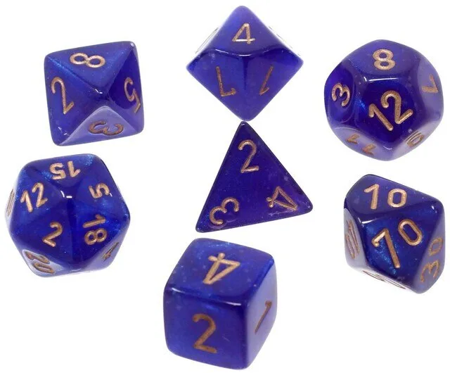 Dés polyédriques Chessex Borealis Luminary™ Violet Royal à chiffres dorés - Coffret de 7