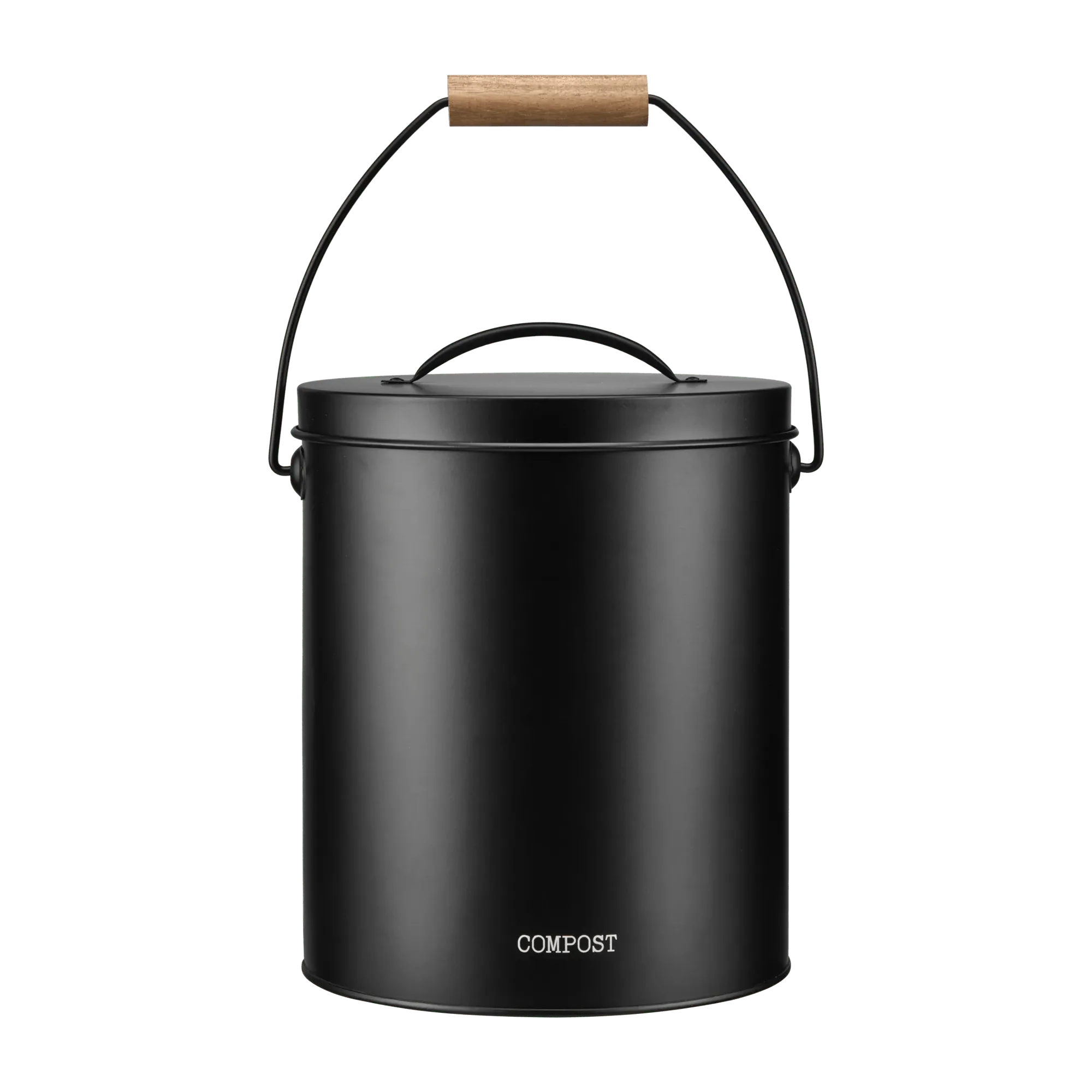 Zwarte compostbak met houten handvat