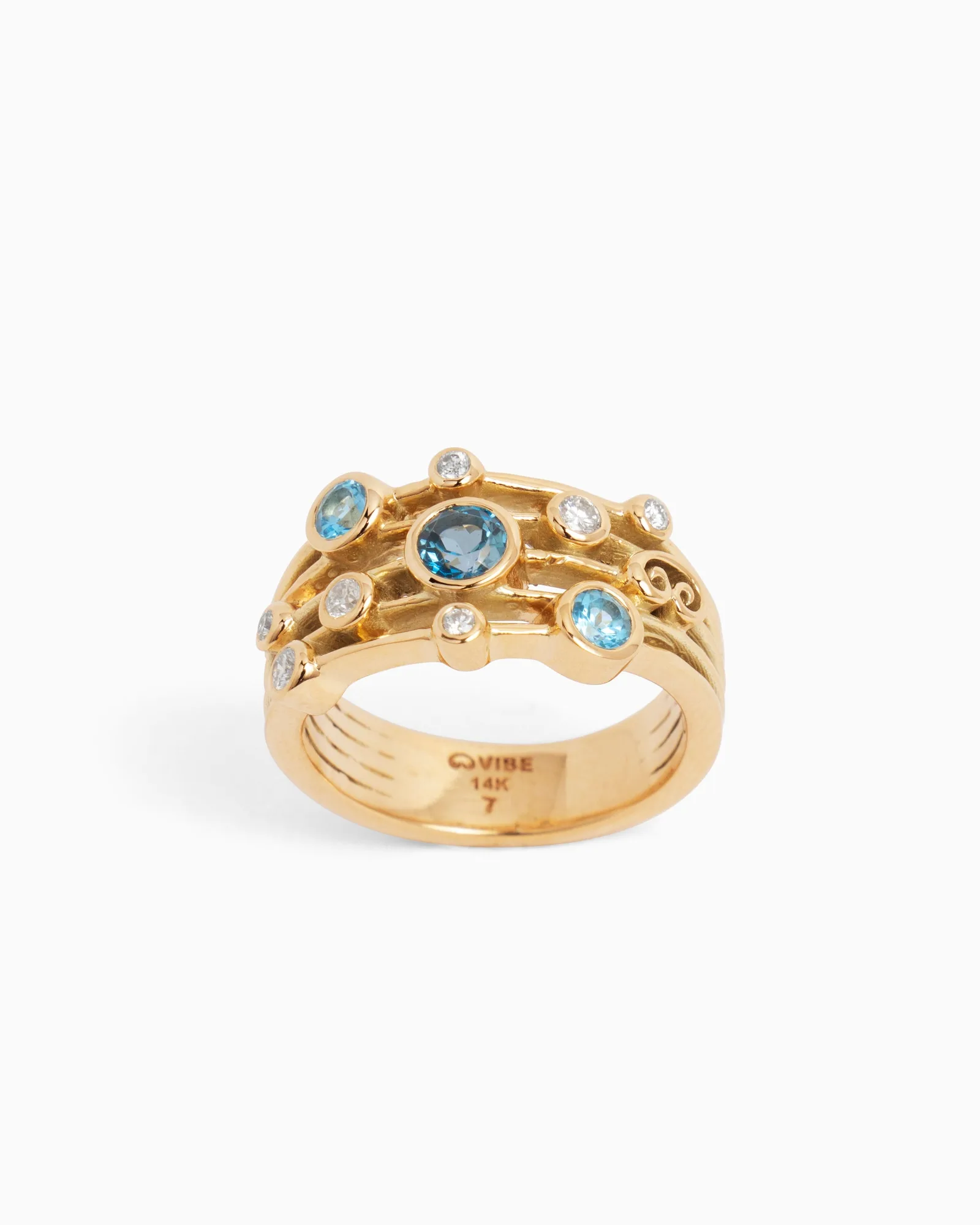 14K Gold Multi Band Bubble Ring - London Blue Topaz/Hampton Blue Topaz/Diamond