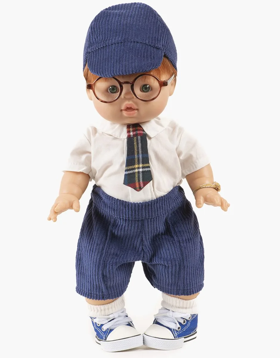 Ensemble William avec cravate à carreaux Tartan marine et pantalon en velours bleu foncé
