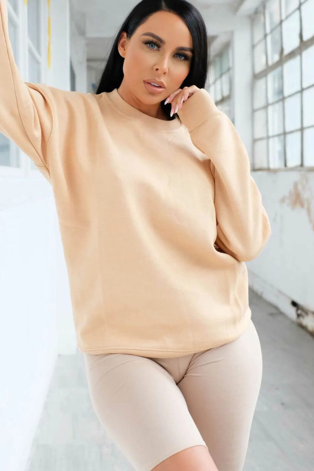 Stone Oversized Crew Neck Rib Cuff & Hem Long Sleeve Sweatshirt - Melanie
