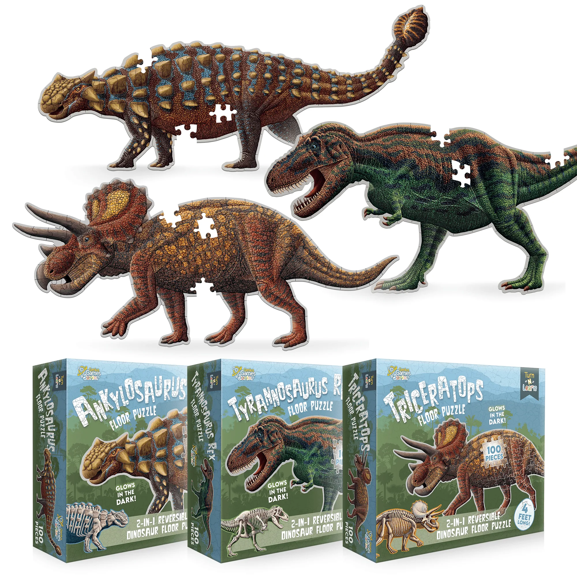 Bundle - Tyrannosaurus Rex, Triceratops & Ankylosaurus Jigsaw Puzzle - 4FT Double Sided Glow in the DarkFloor Puzzle