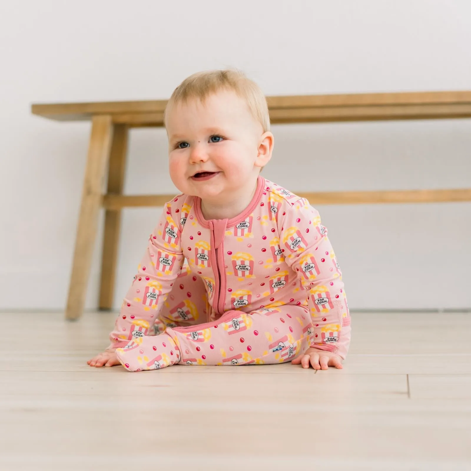 Print Footie with 2 Way Zipper in Baby Rose Movie Night