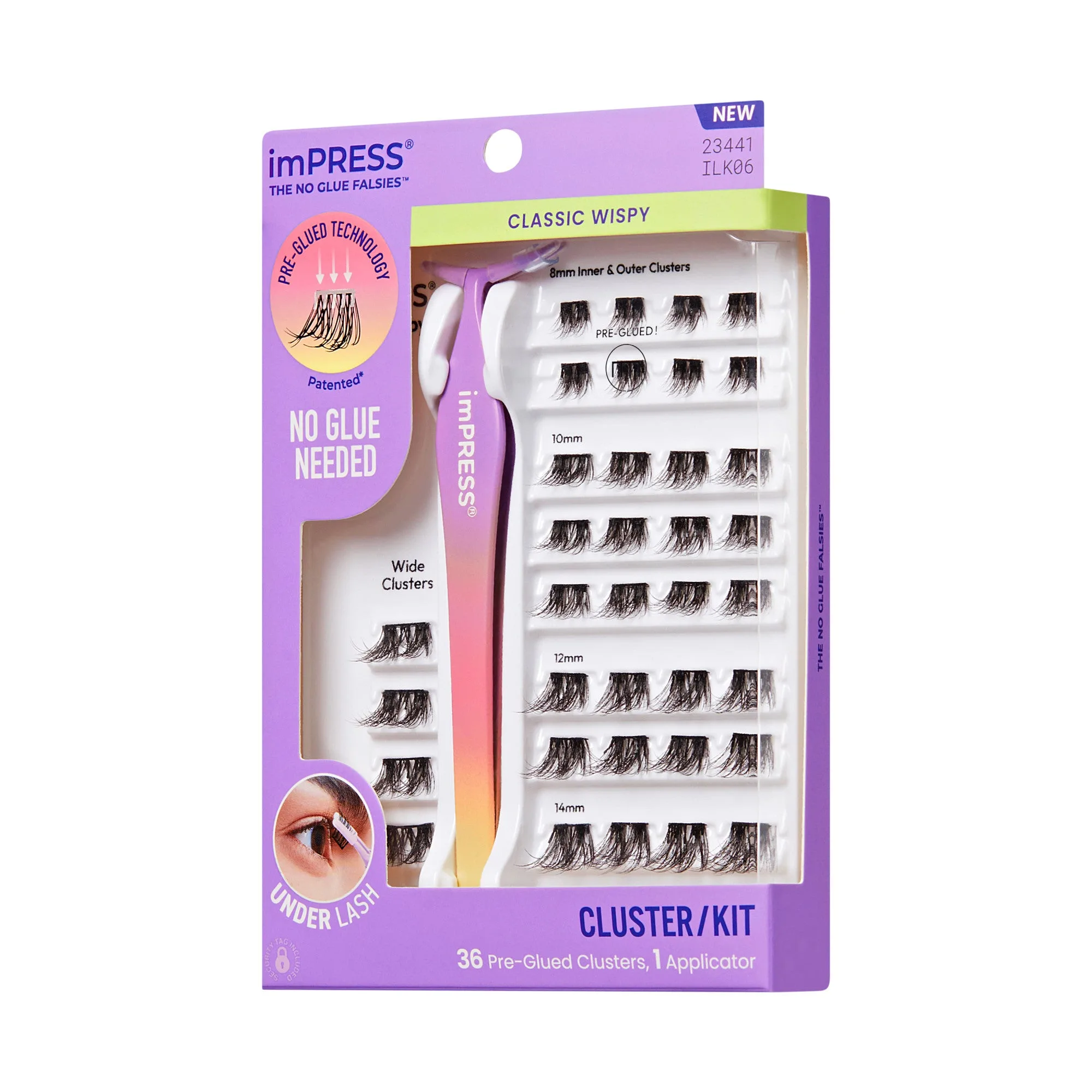 Impress Falsies Pre-Glued False Eyelashes Starter Kit - Classic Wispy | 36 Lash Clusters, With Applicator, 8mm-14mm