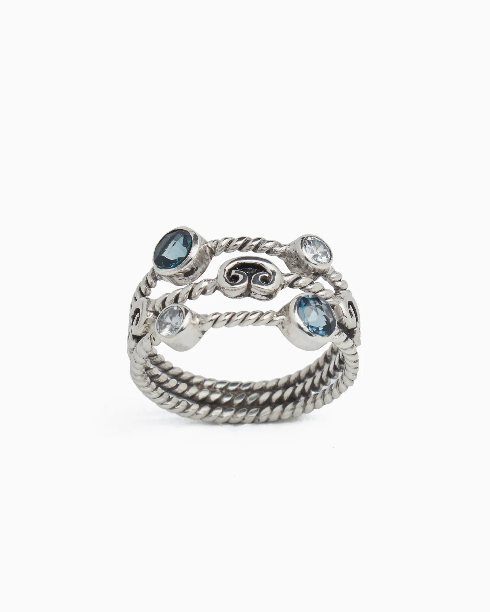 Anillo retorcido de triple banda con piedras - Topacio azul de Londres/Zircón blanco