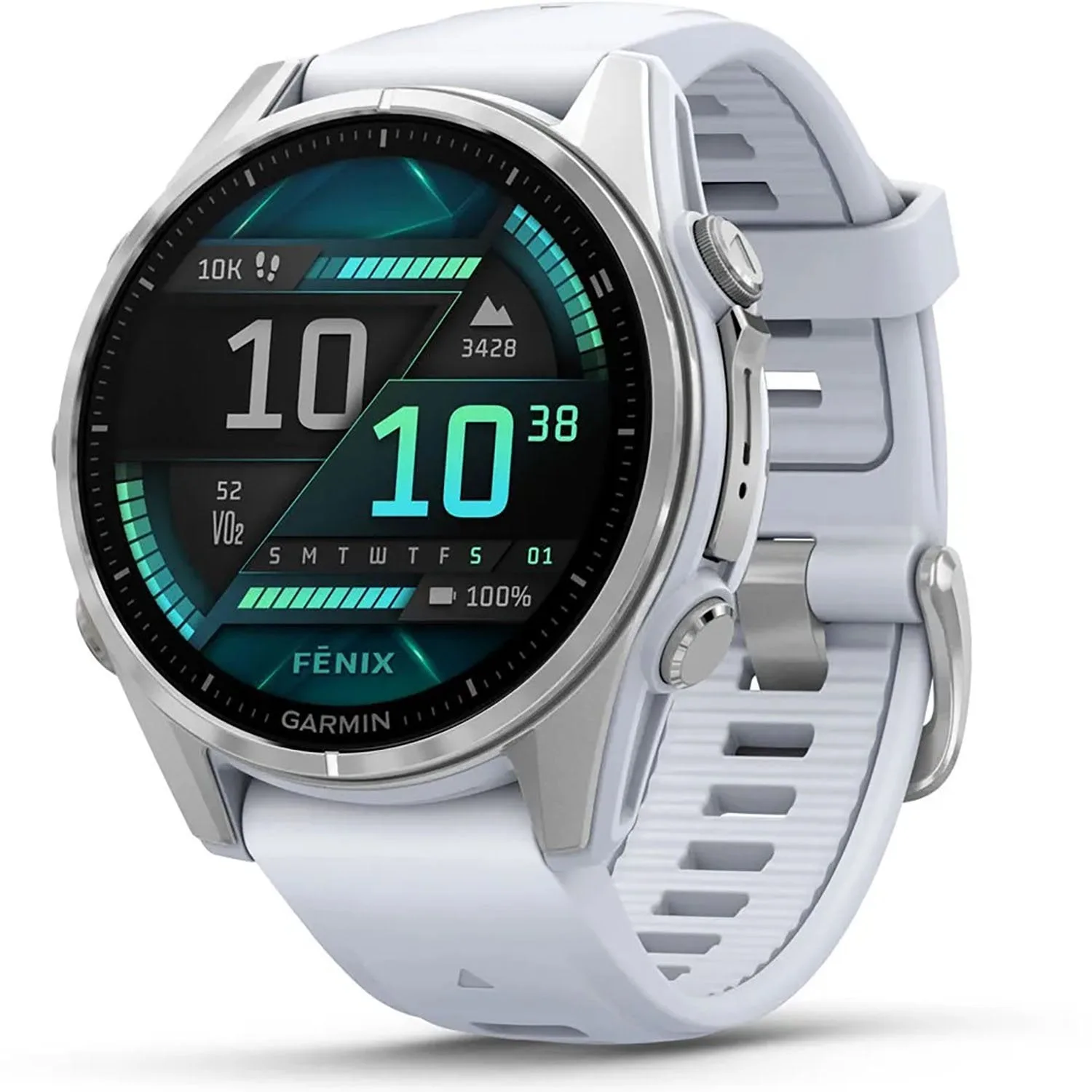 Garmin Fenix 8 43 مم، AMOLED، فضي مع سوار سيليكون أبيض حجري