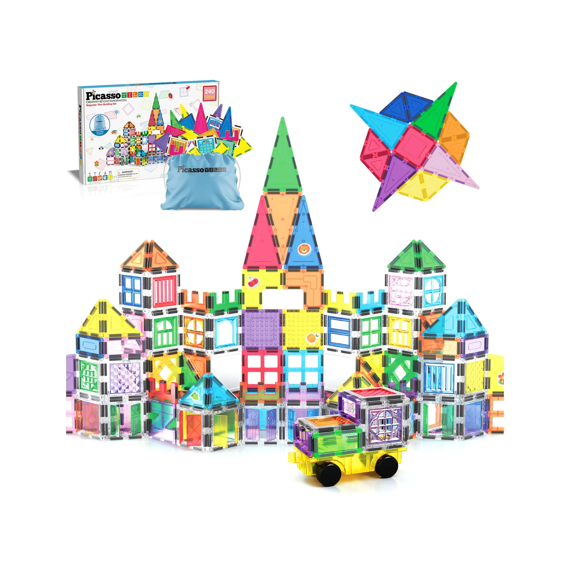 PicassoTiles Magnetic Tile Set with Stickers & Car Base (240 Pieces)