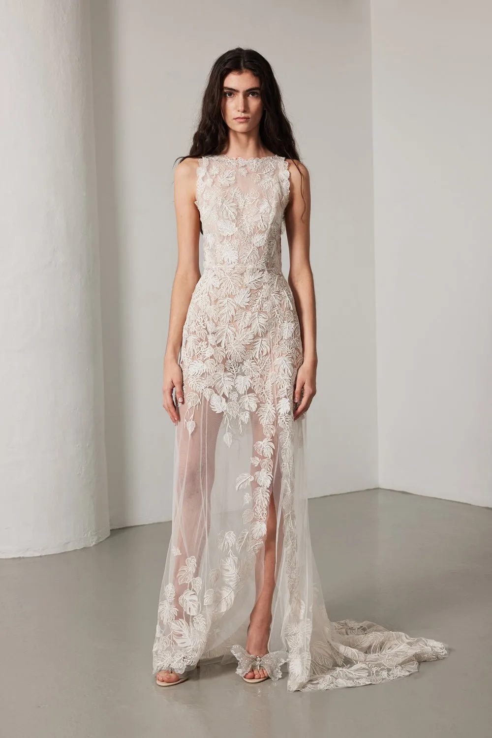 Abito Monstera Racer Neck con strascico | Floral White